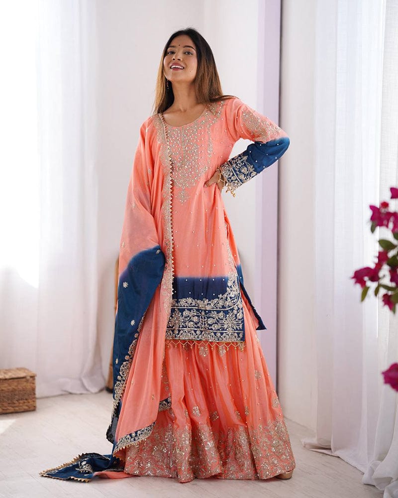 Peach Color Chinnon Sequence Work Plazzo Suit