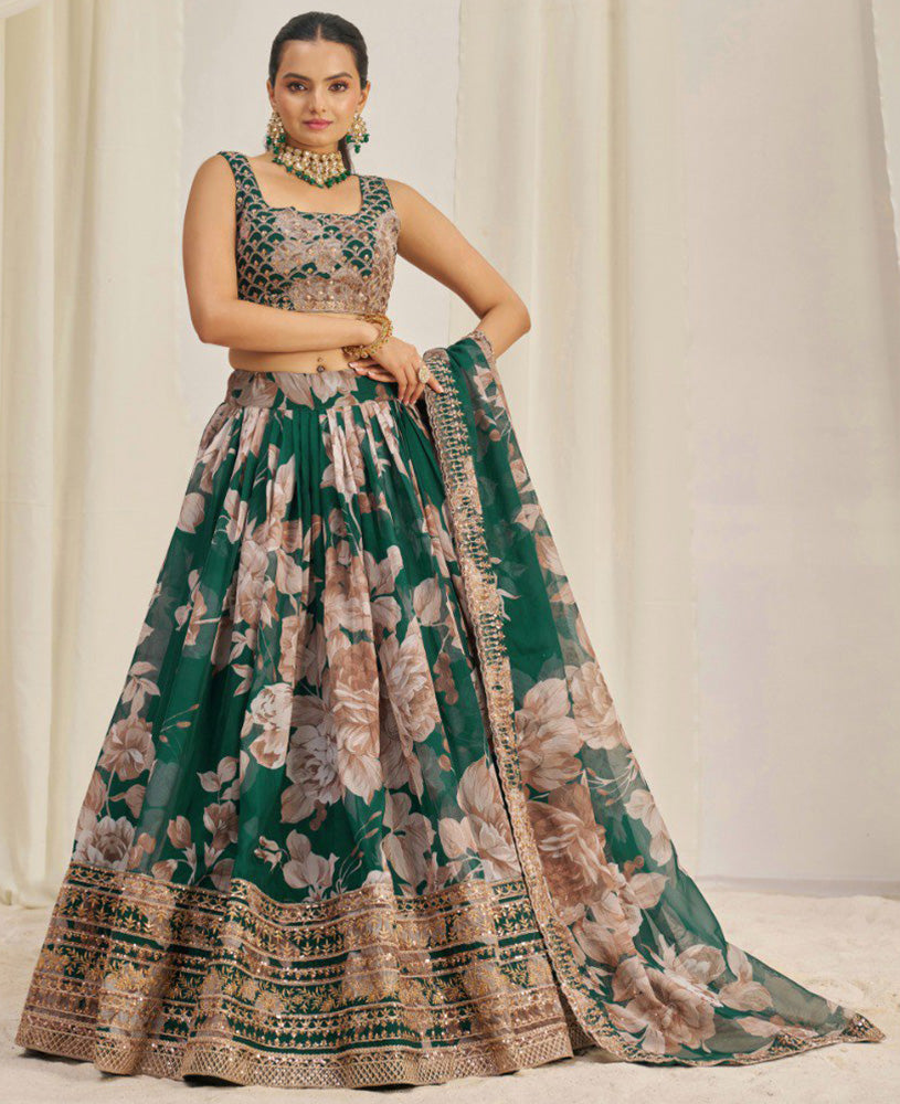 Green Color Floral Printed Organza Lehenga Choli