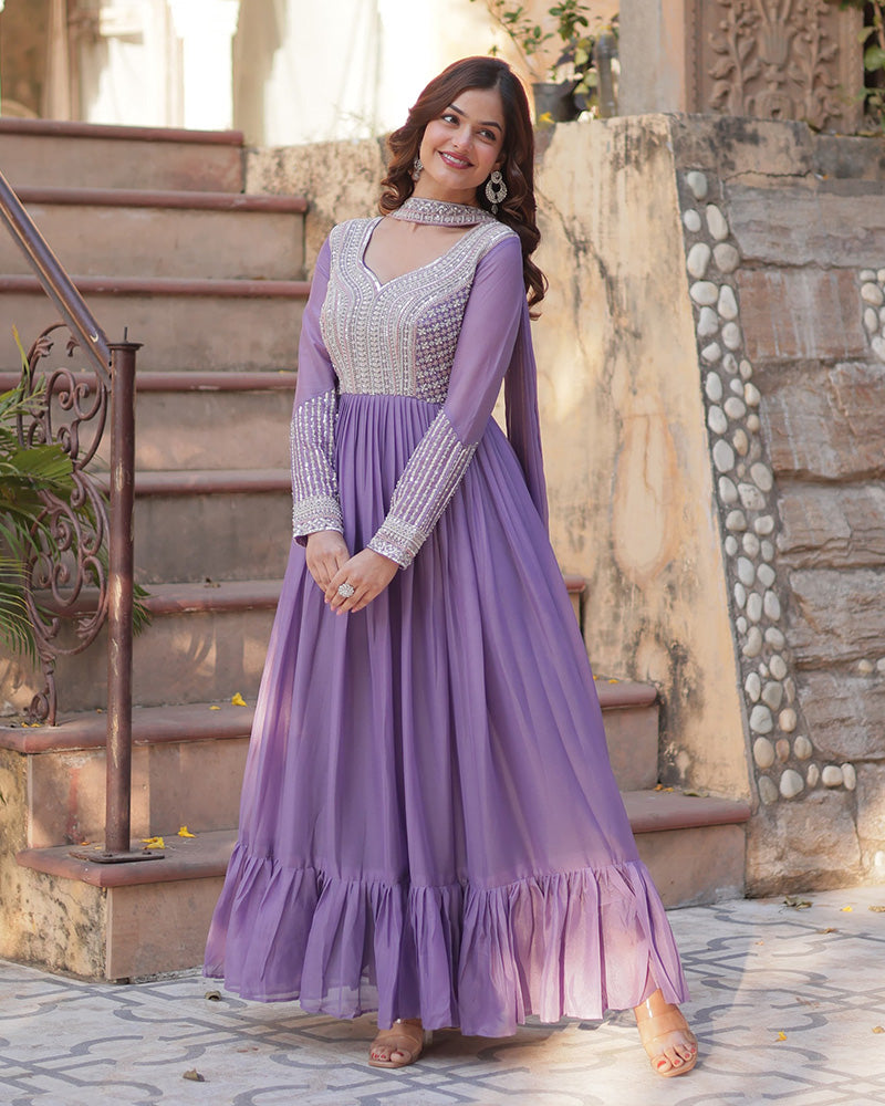 Lavender Color Star Georgette Embroidered Gown