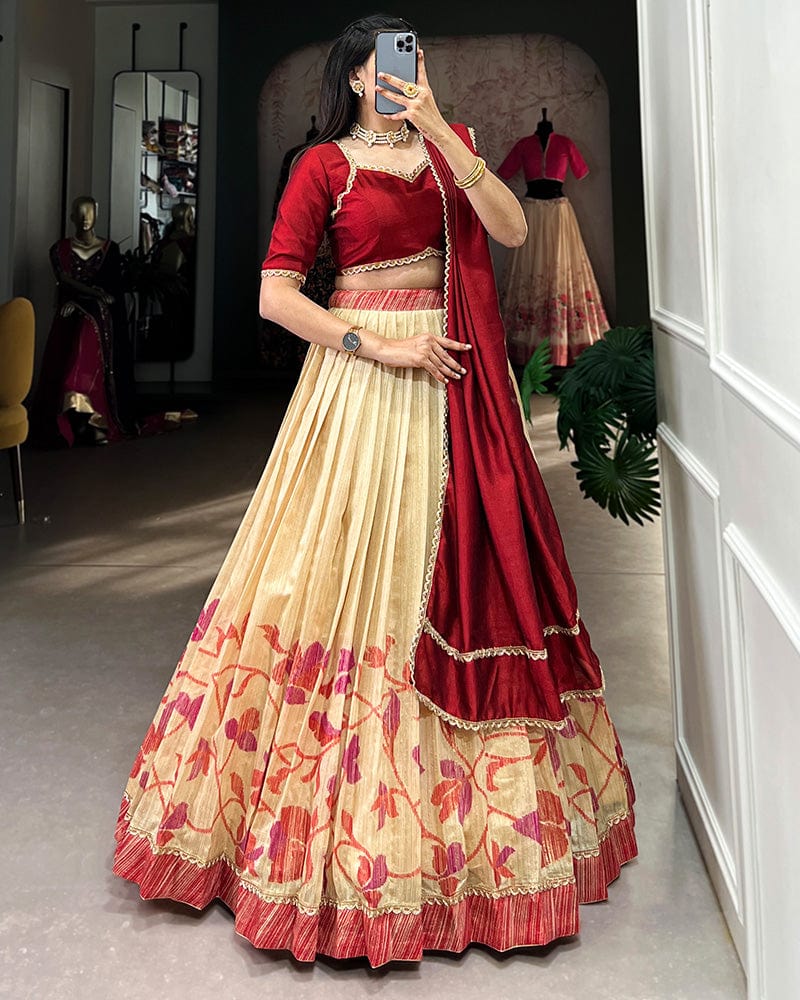 Maroon Color Green Silk Printed Lehenga Choli