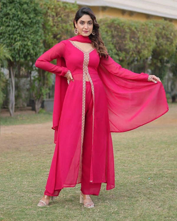 Western Designer Rani Pink Color Georgette Three Piece Kurti Suit