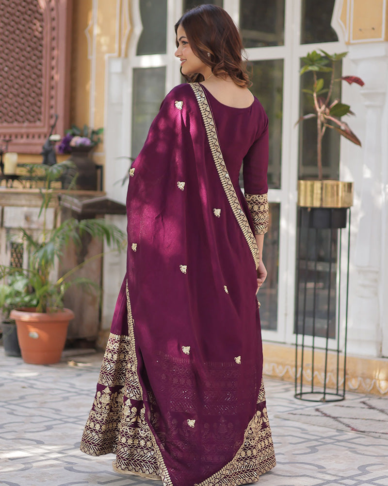 Wine Color Vichitra Shimmer Sequence Embroidered Gown