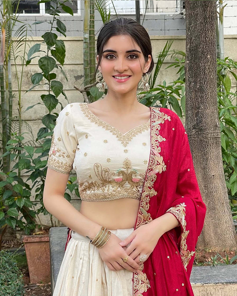 Navika kotia In Off-White Color Vichitra Silk Thread Embroidered Lehenga Choli