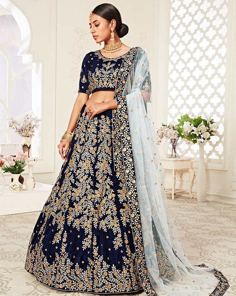 Navy Blue Color Pure Velvet Embroidered Lehenga Choli