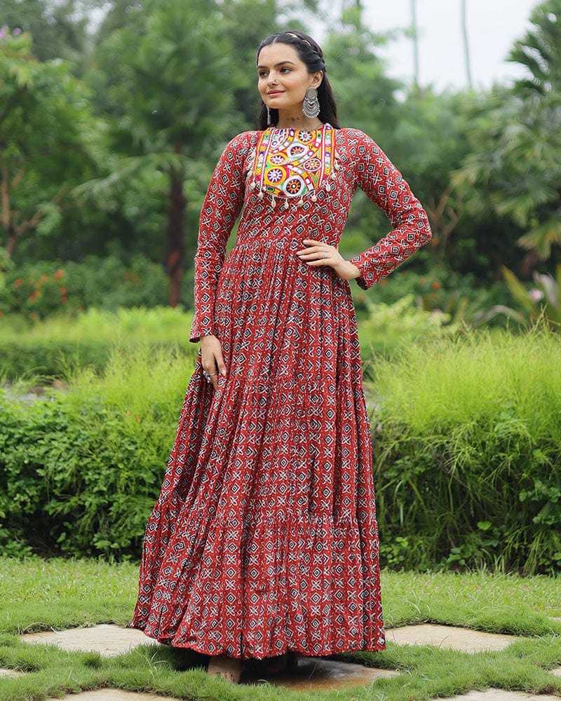 Maroon Color Cotton Gamthi Work Navratri Gown