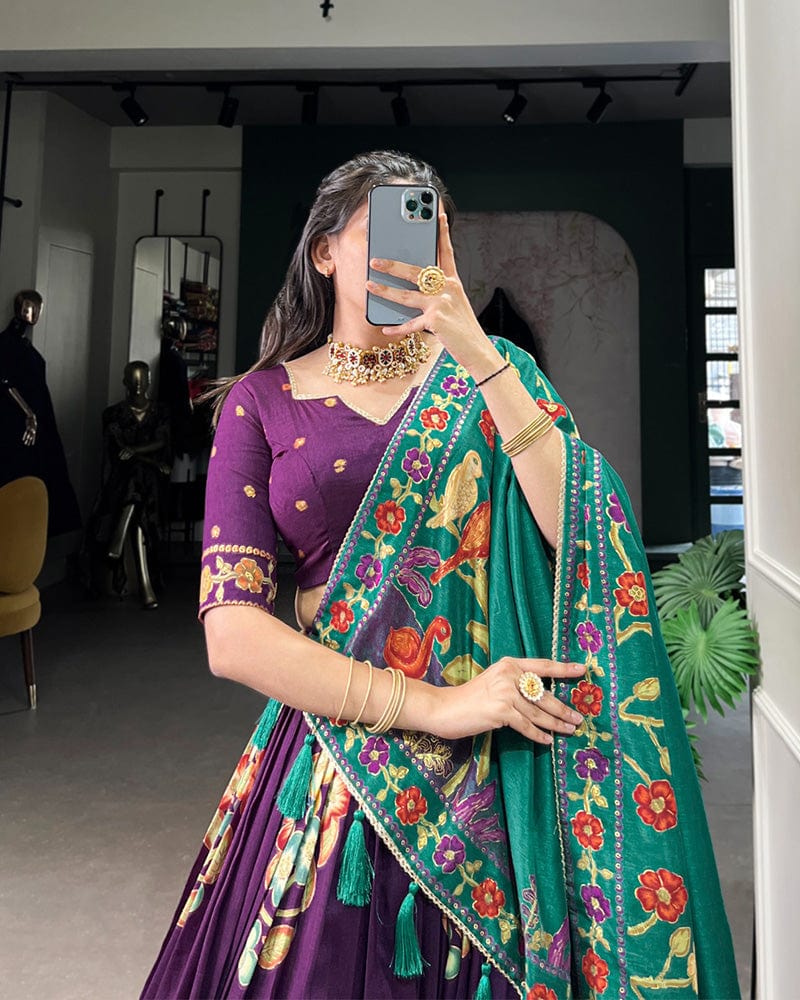 Purple Color Tussar Silk Printed With Foil Work Lehenga Choli