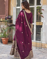 Wine Color Vichitra Shimmer Sequence Embroidered Gown