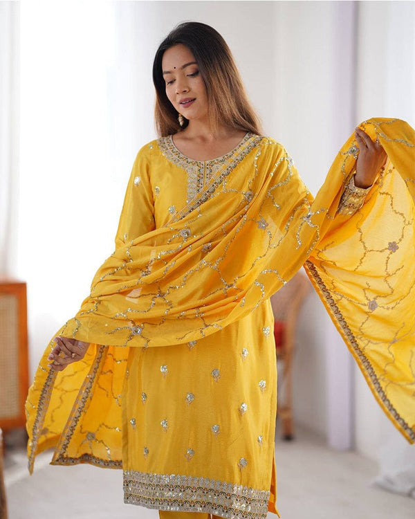Yellow Color Chinon Silk Embroidered Three Piece Kurti Suit