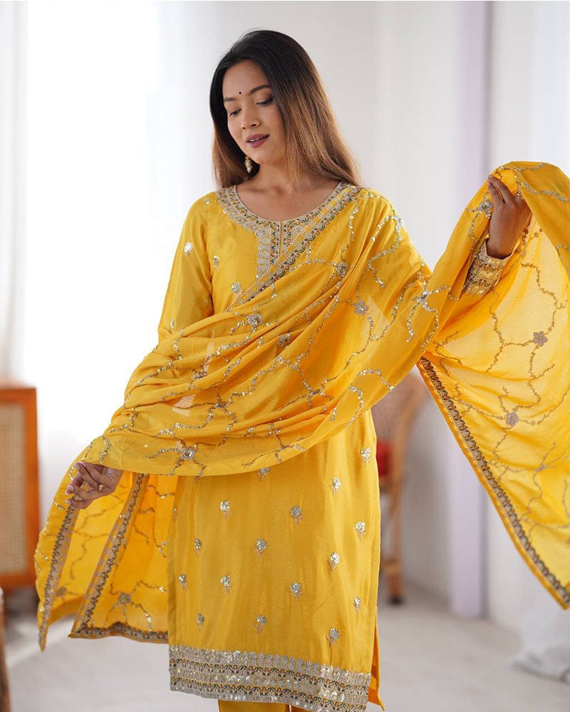 Yellow Color Chinon Silk Embroidered Three Piece Kurti Suit
