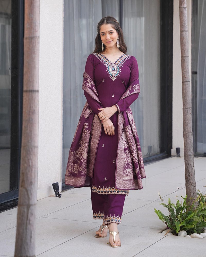 Wine Color Roman Silk Embroidered Three Piece Kurti Suit