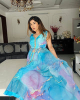 Western Sky Blue Color Printed Soft Organza Anarkali Three Piece Suit