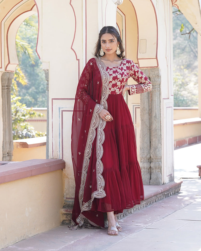 Maroon Color Anarkali Gown With Faux Blooming Dupatta