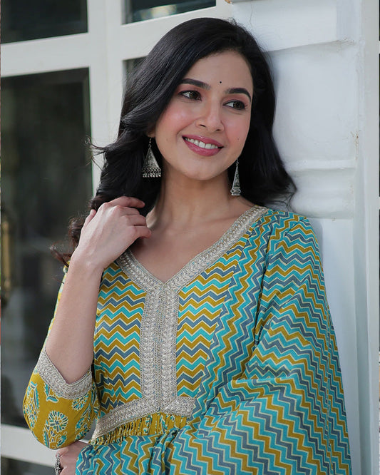 Lime Green Color Printed Pure Cotton Three Piece Kurti Suit