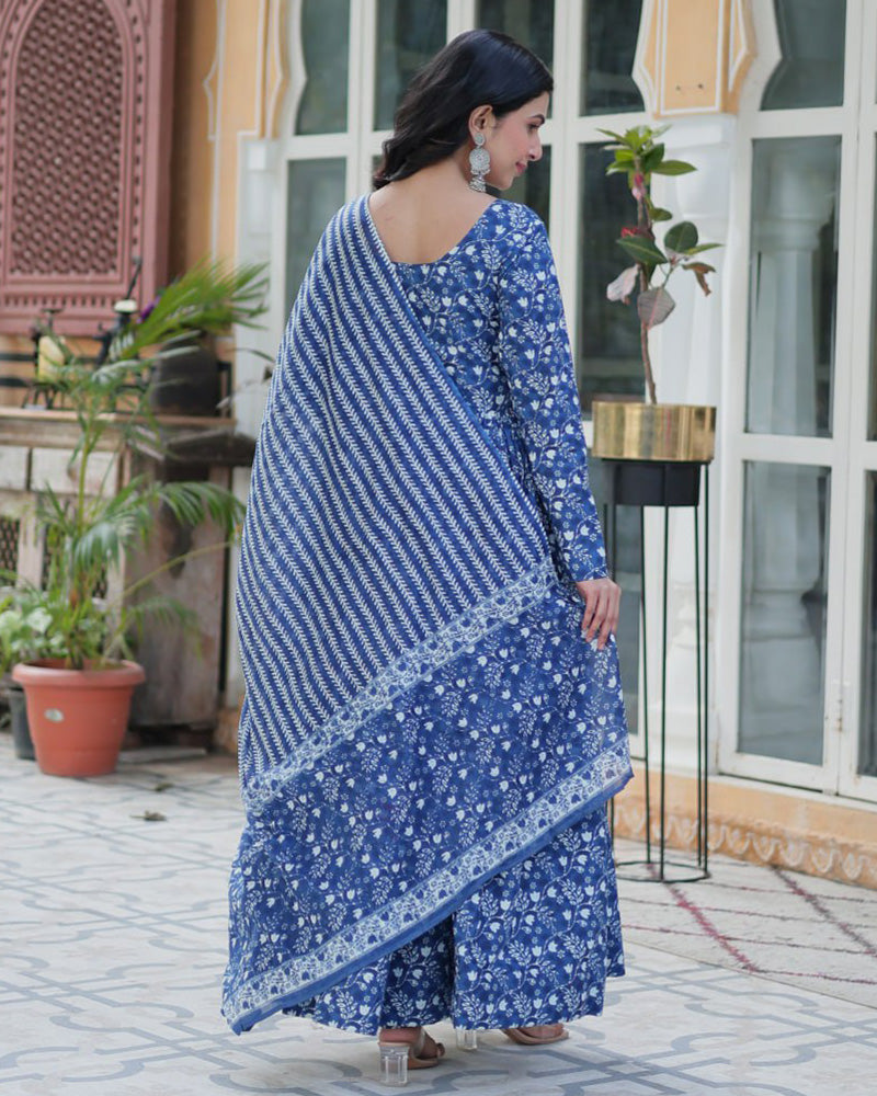 Blue Color Printed Pure Cotton Three Piece Kurti Suit