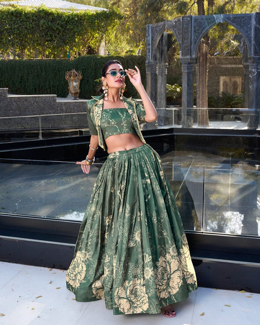 Bottle Green Color Tussar Silk Lehenga Choli With koti