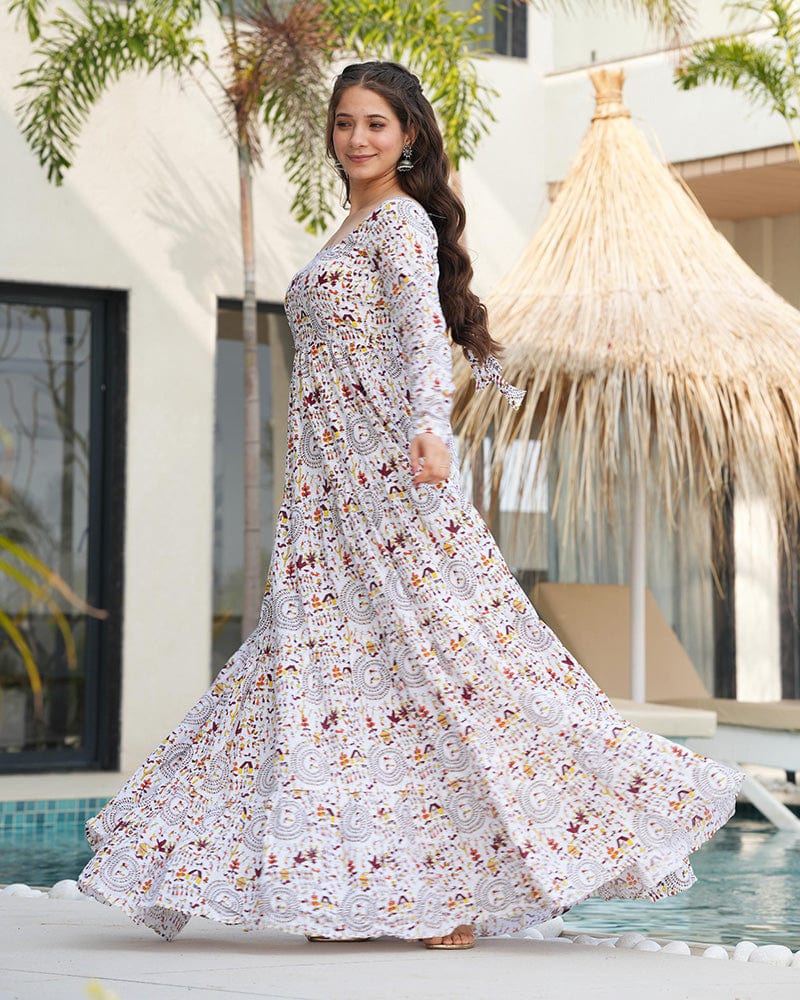 Off-White Color Cotton Printed Ruffle Style Gown