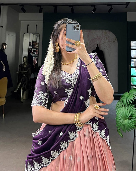 Peach Color Zari Kota Embroidered Lehenga Choli