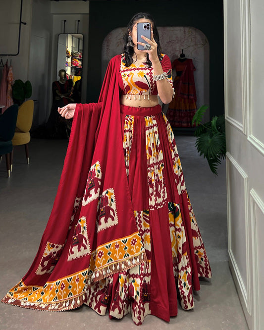 Mustard Color Rayon Silk Printed Fully Stitched Navratri Lehenga Choli