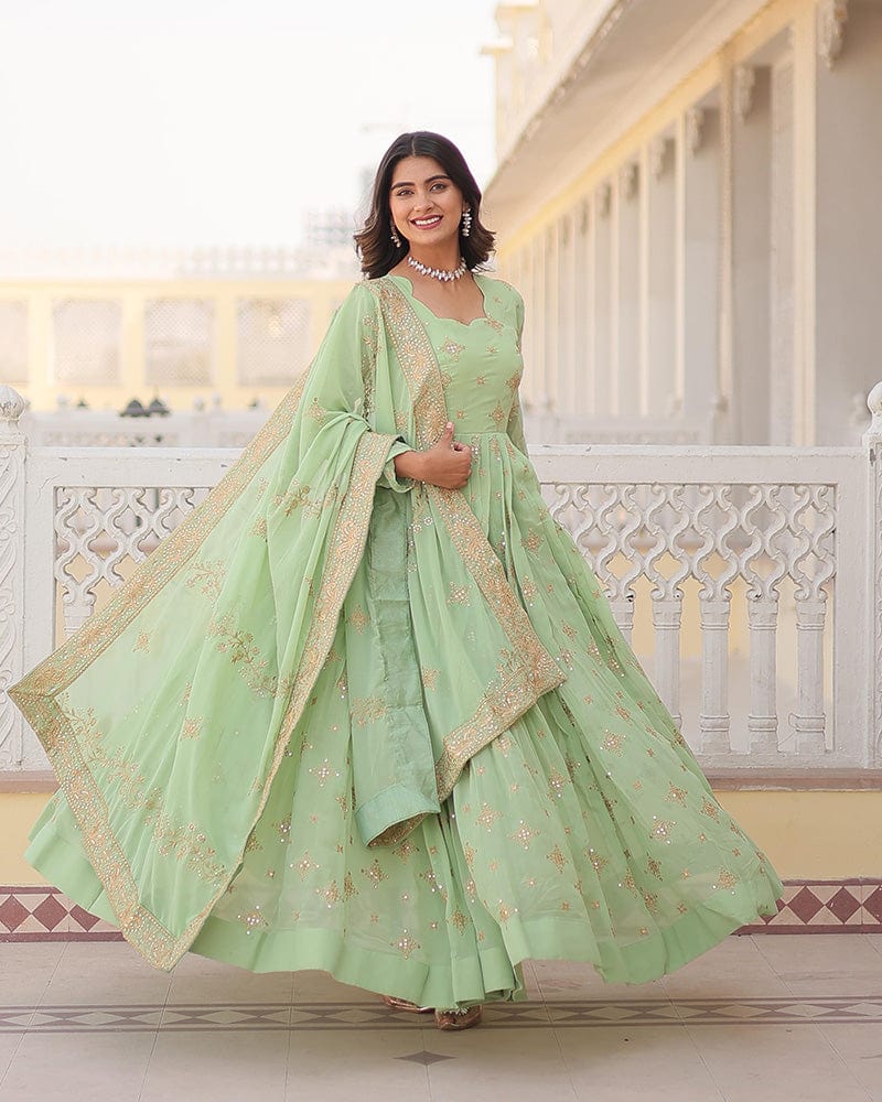 Pista Color Faux Georgette Gown With Sequins Embroidered Dupatta