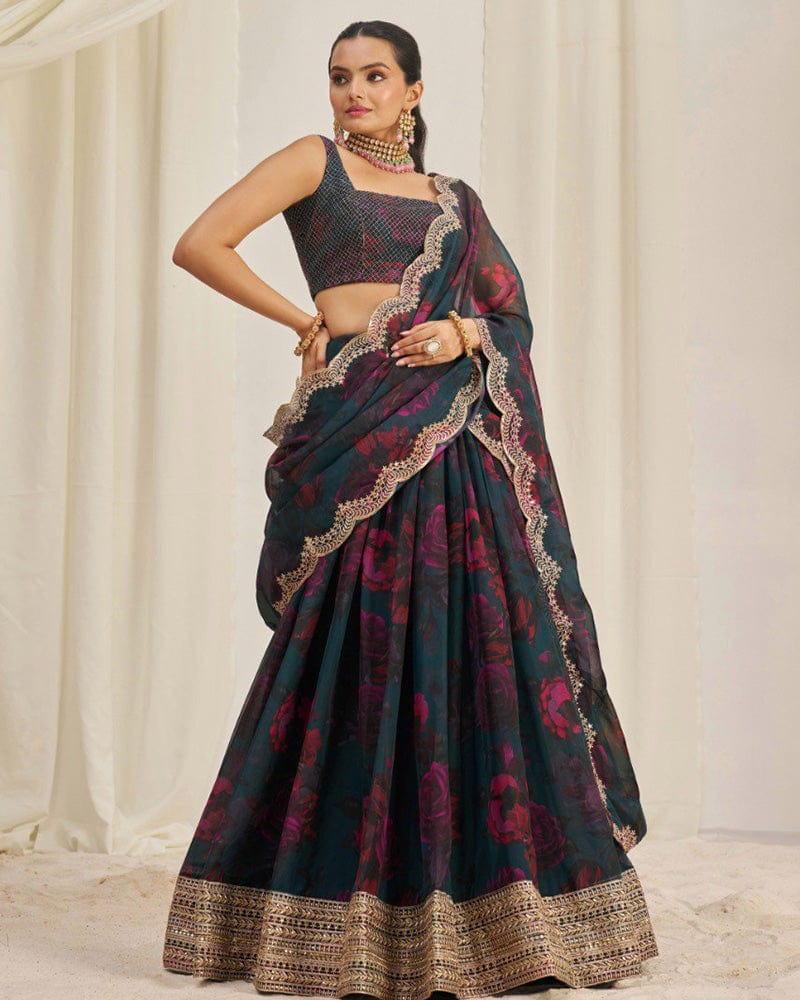 Rama And Pink Color Floral Print Soft Organza Lehenga Choli