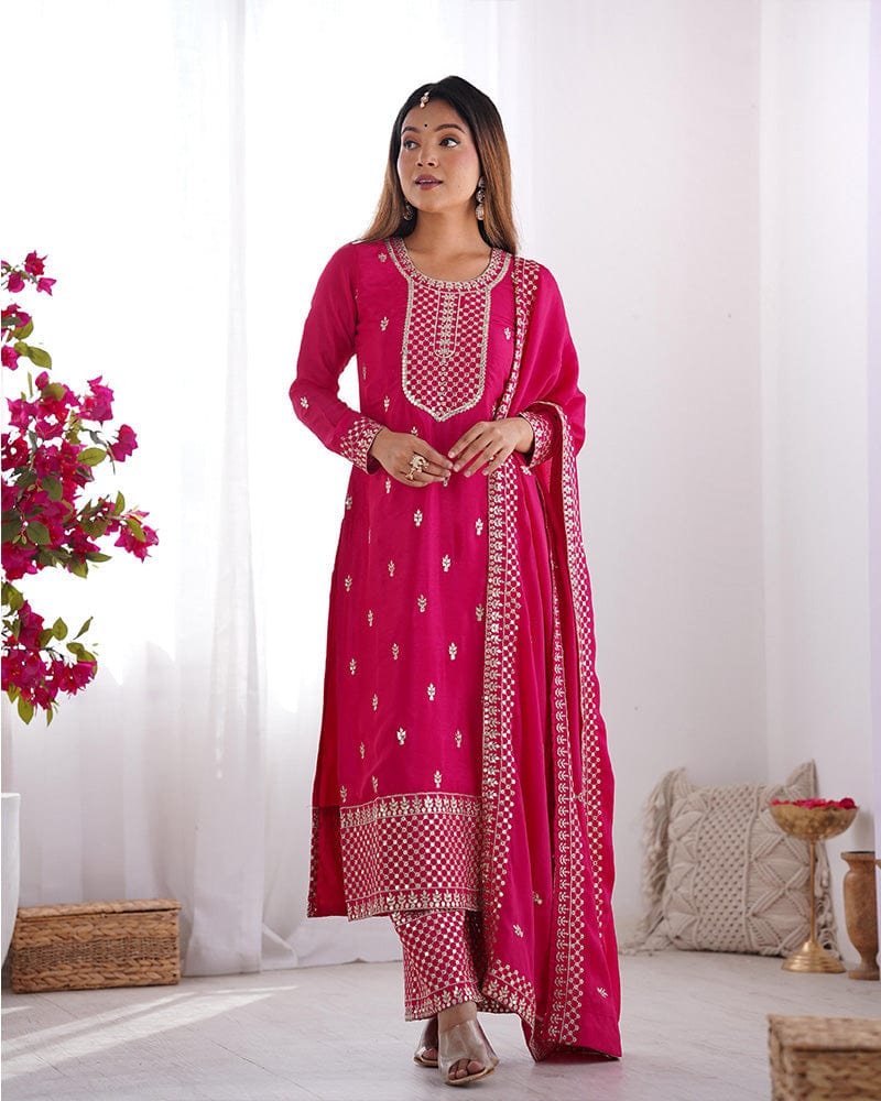 Rani Pink Color Chinon Silk Three Piece Kurti Suit