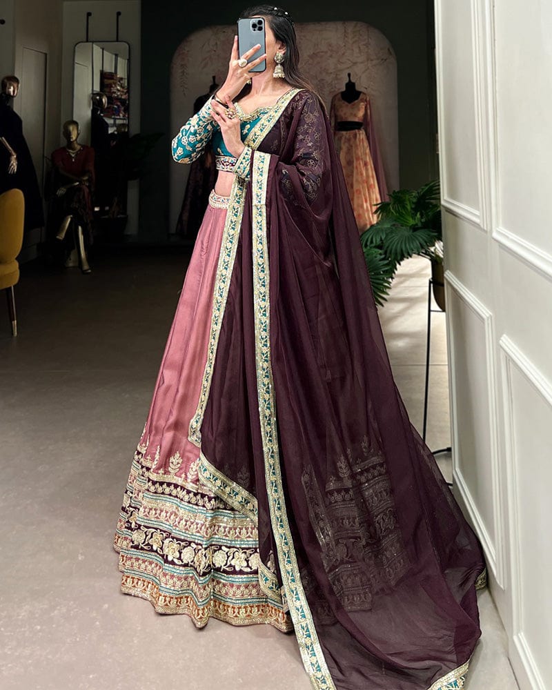 Peach Color Moonga Silk Embroidered Lehenga Choli