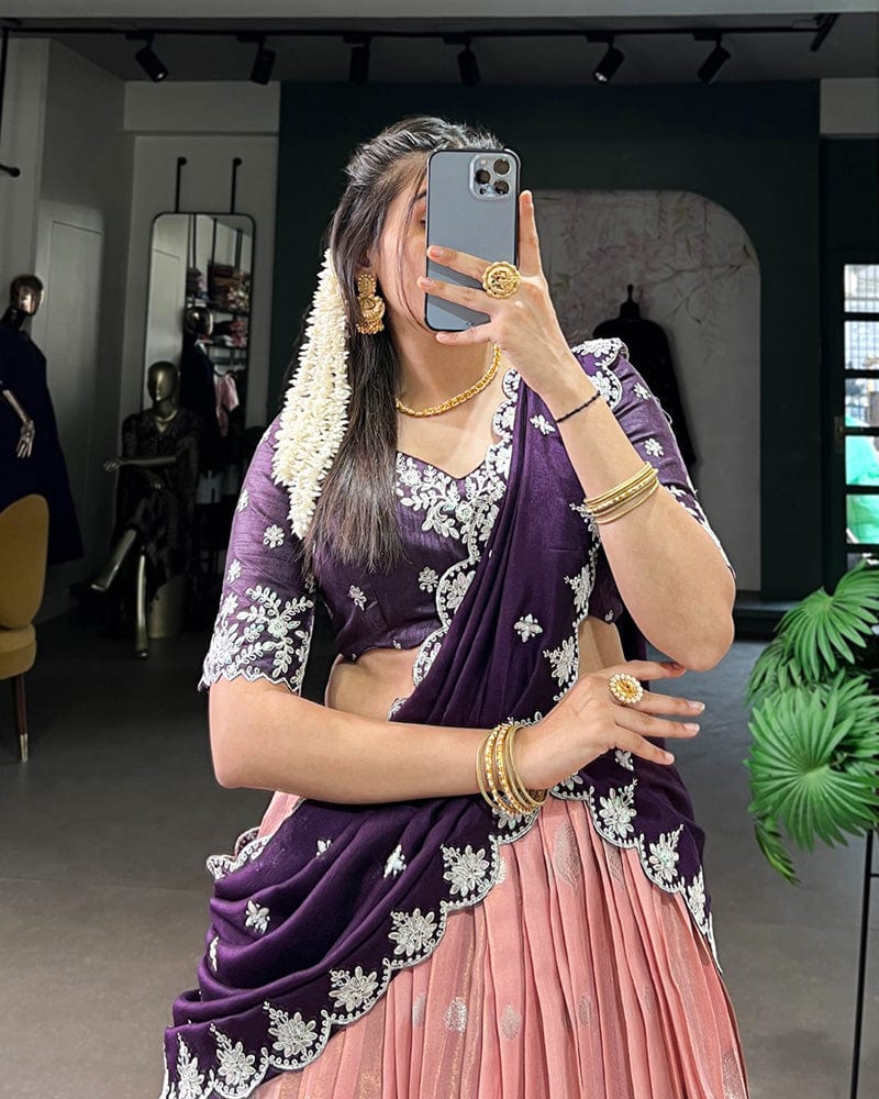 Peach Color Zari Kota Embroidered Lehenga Choli