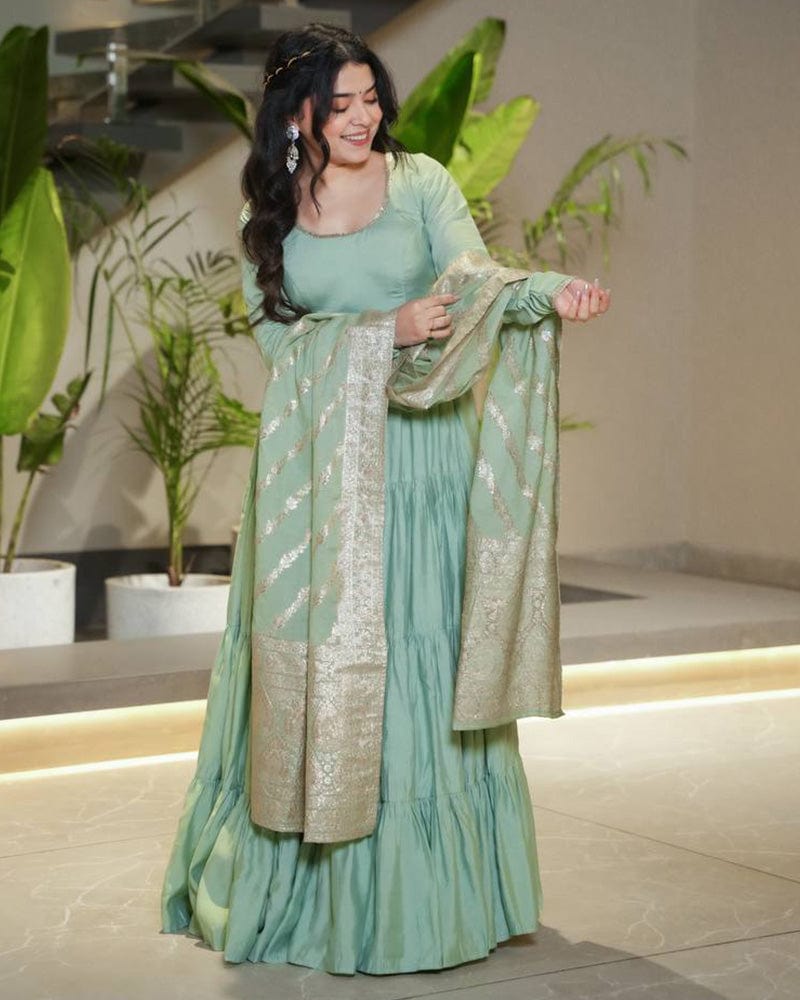 Pista Color Pure Chanderi Silk Frill Style Anarkali Suit