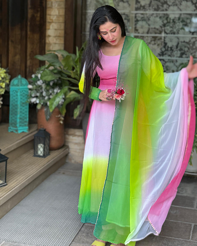 Isha sharma In Our Multi Pink Color Georgette Three Piece Anarkali Suit