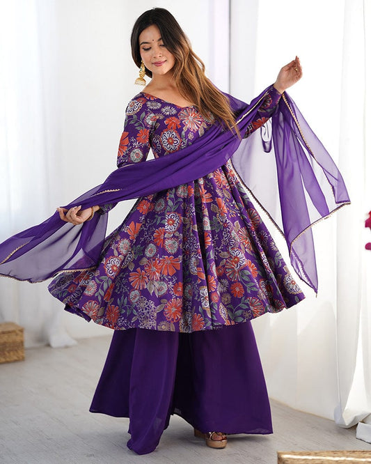 Purple Color Roman Silk Discharge Printed Plazzo Suit