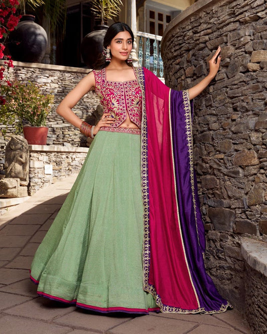 Sea Green Color Vichitra Silk Thread Embroidered Lehenga Choli
