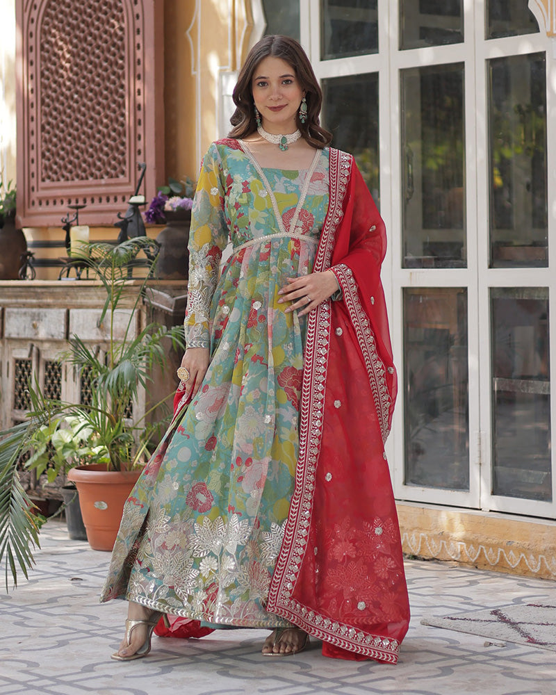 Lime Green Color Alia Cut Embroidered Gown With Dupatta