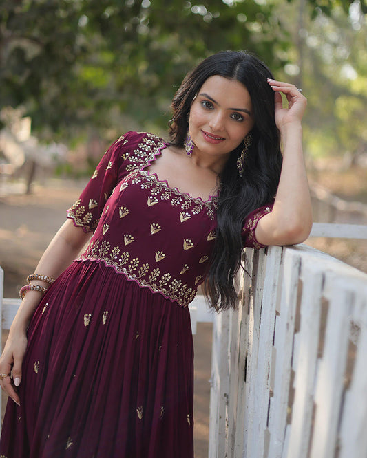 Reddish Maroon Color Faux Blooming Embroidered Gown