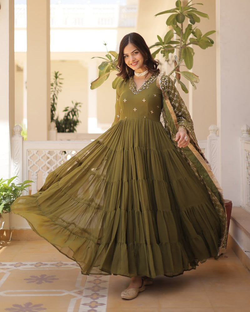 Mehndi Color Faux Georgette Designer Anarkali Gown With Dupatta