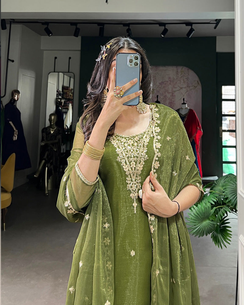Olive Green Color Gold Coin Three Piece Kurti Suit