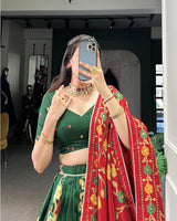 Green Color Tussar Silk Printed With Foil Work Lehenga Choli