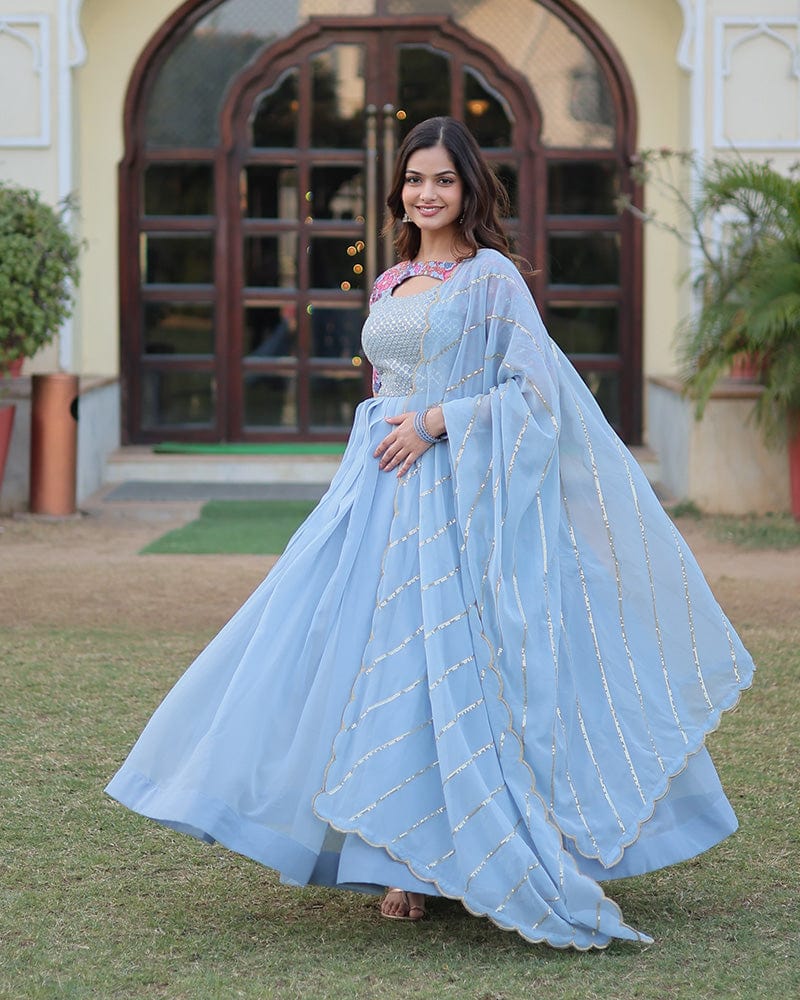Sky Blue Color With Fancy Neck Faux Georgette Designer Anarkali Suit