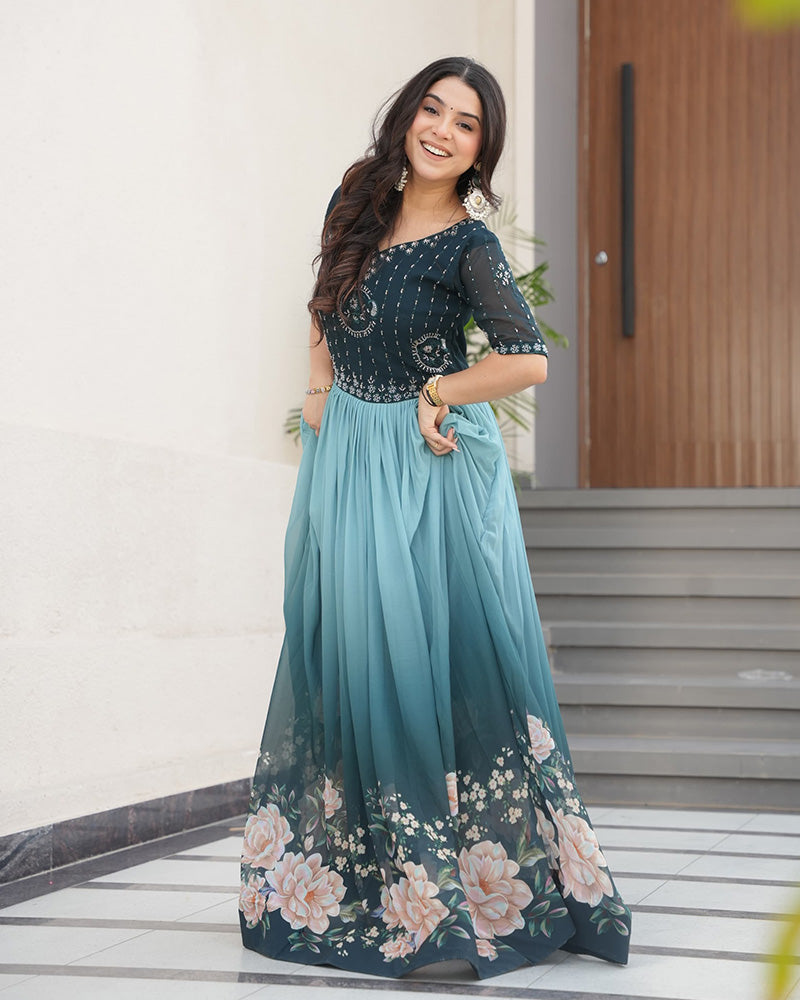 Rama Color Faux Blooming Embroidered work Gown