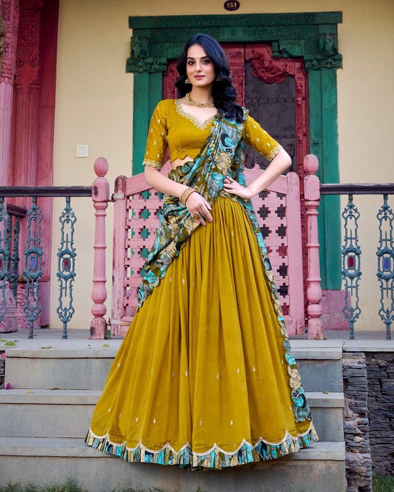 Mustard Color Vichitra Silk Embroidered Lehenga Choli