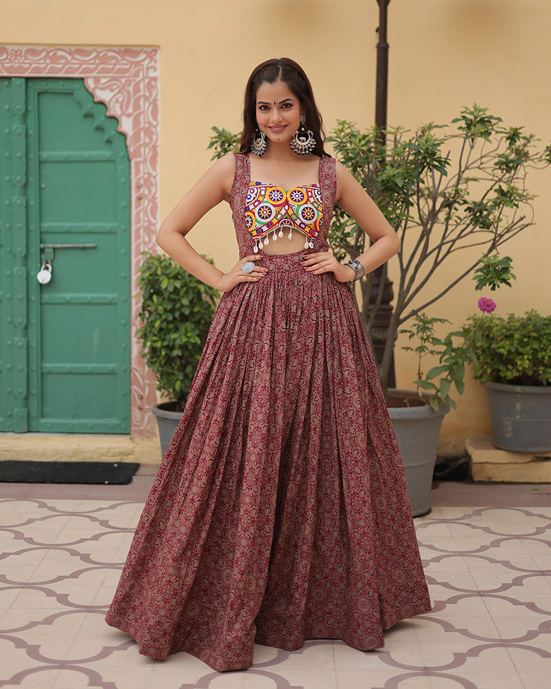 Maroon Color Cotton Printed Navratri Gown
