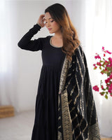 Black Color Pure Roman Silk Ruffle Style Anarkali Suit