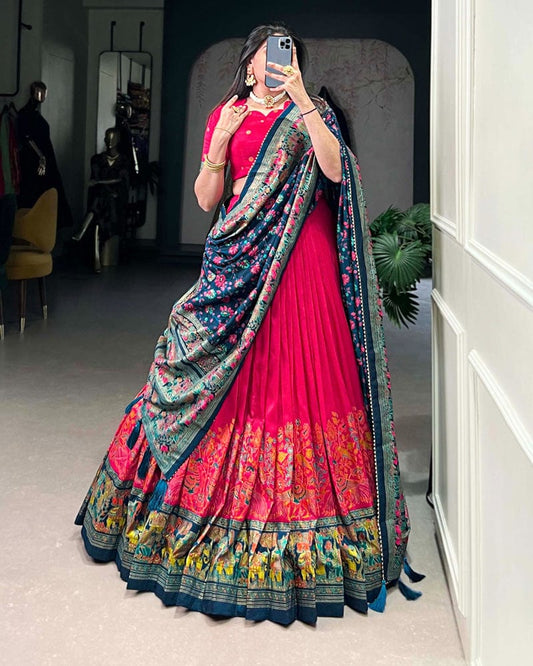 Pink Color Tussar Silk Printed With Foil Work Lehenga Choli
