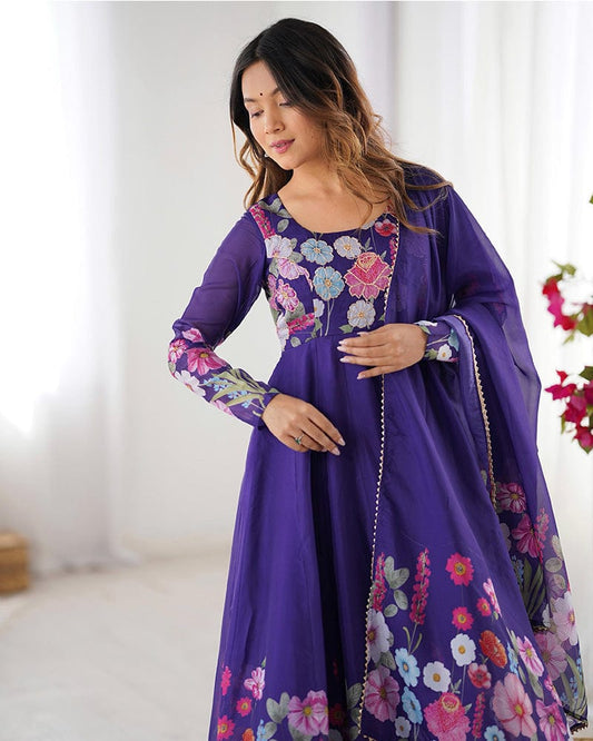 Purple Color Floral Print Organza Three Piece Anarkali Suit
