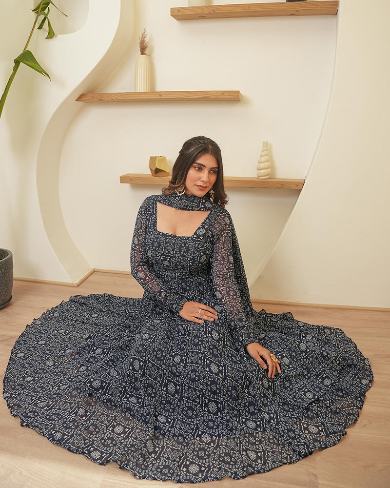 Navy Blue Color Georgette Three Piece Anarkali Suit
