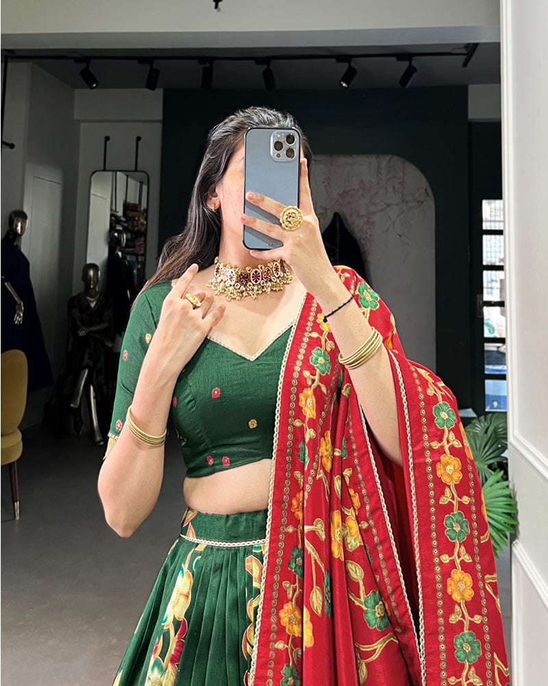 Green Color Tussar Silk Printed With Foil Work Lehenga Choli