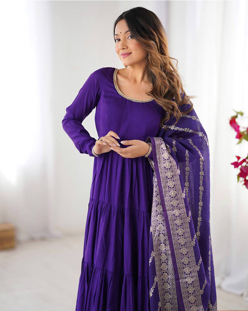 Purple Color Pure Roman Silk Ruffle Style Anarkali Suit