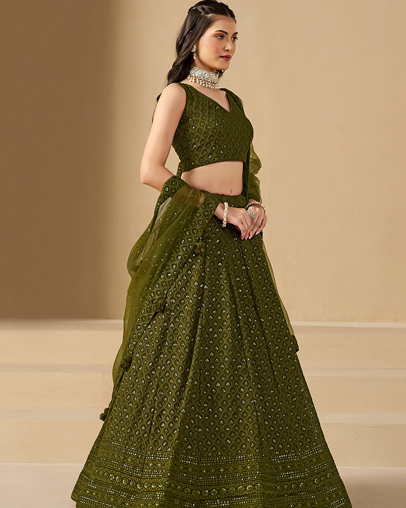 Mehndi Color Georgette Embroidered Lehenga Choli With Dupatta