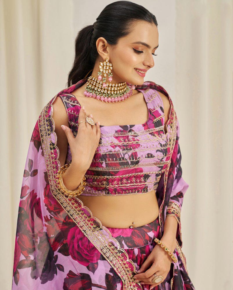 Purple And Pink Color Floral Printed Organza Lehenga Choli
