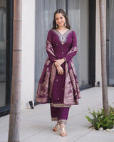 Wine Color Roman Silk Embroidered Three Piece Kurti Suit