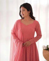 Dark Peach Color Georgette Lucknowi Three Piece Anarkali Suit